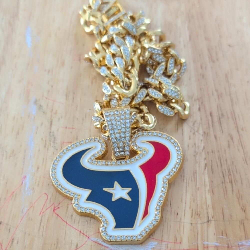 Gold Tone Red & Blue Football Team Pendant Necklace